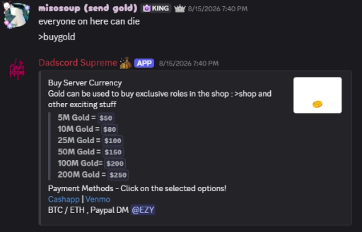 The buygold command returning the full gold pricing sheet on 15 August 2026